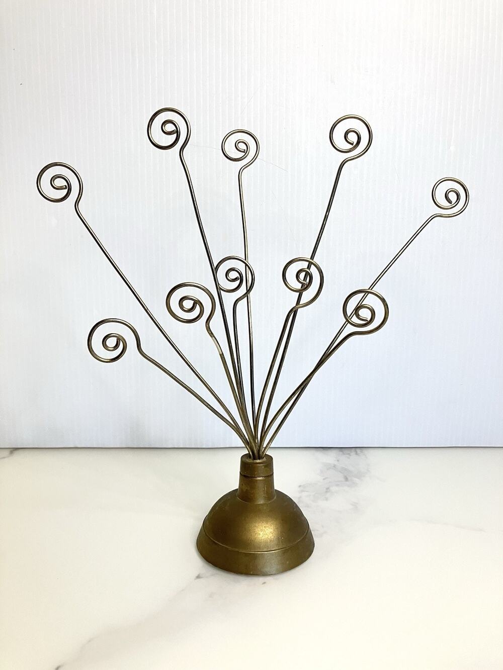 Vintage Brass Photo Card Tree Holder 10 Arm Spiral Fan Display Weighted Base